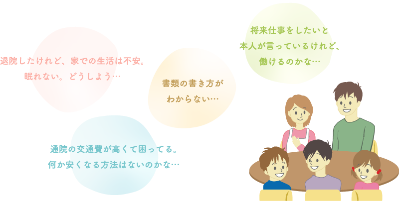 「退院したけれど、家での生活は不安。眠れない。どうしよう…」「書類の書き方がわからない…」「将来仕事をしたいと本人が言っているけれど、働けるのかな…」「通院の交通費が高くて困ってる。何か安くなる方法はないのかな…」